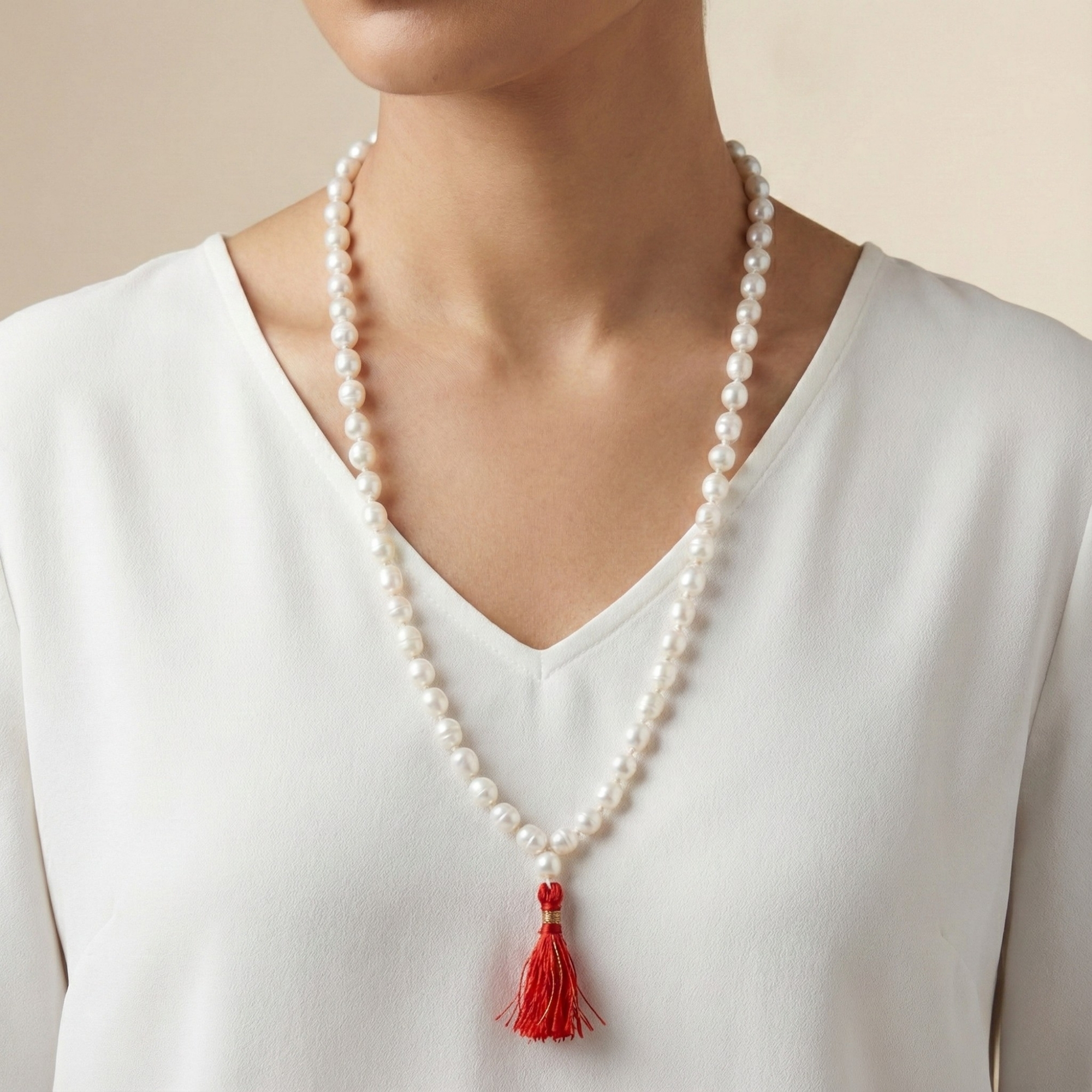 White Pearl Knotted Mala